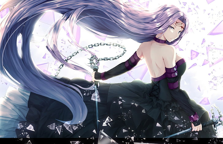 robe noire, cheveux longs, cheveux violets, Fate / Stay Night, tatouage, arme, fond blanc, anime, anime girls, Rider (Fate / Stay Night), Fond d'écran HD