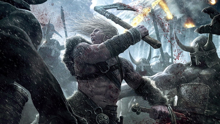 manusia dengan karakter permainan kapak, Viking, pertempuran, perang, seni fantasi, Wallpaper HD