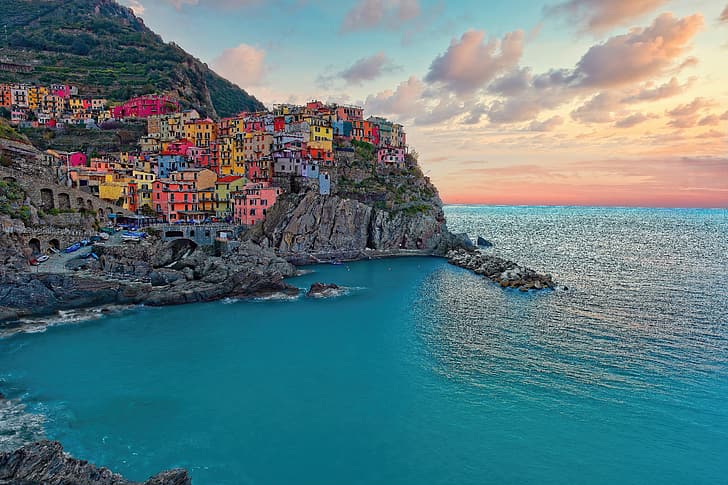 sea, sunrise, rocks, dawn, building, home, Italy, The Ligurian sea, Manarola, Cinque Terre, Ligurian Sea, HD wallpaper