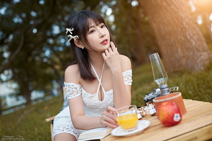 Max Chang, women, Asian, ribbon, white dress, looking away, picnic, HD wallpaper