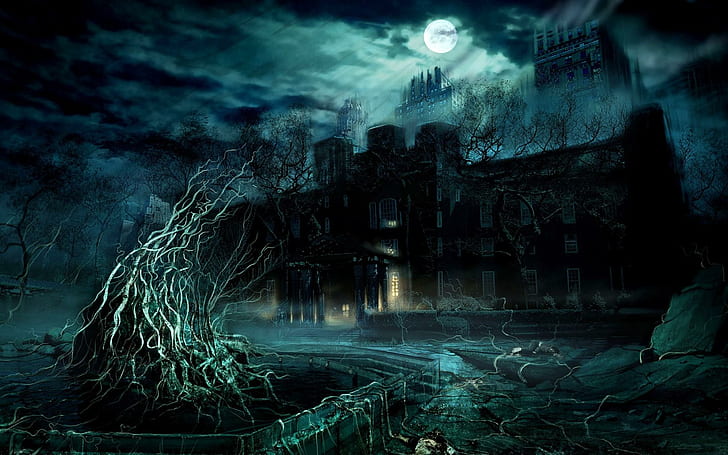 Dark House, haunting, gothic, halloween, dark, scary, artistic, abstract, fantasy, clouds, 3d and abstract, HD wallpaper