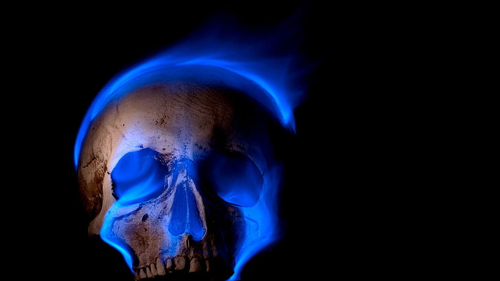 дигитално изкуство, череп, черен фон, зъби, изгаряне, сини пламъци, огън, смърт, призрачен, готически, HD тапет