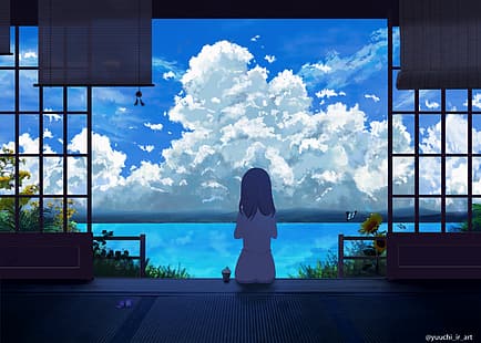 구름, 하늘, 여름, 애니메이션 소녀, yuuchi_ir, HD 배경 화면 HD wallpaper