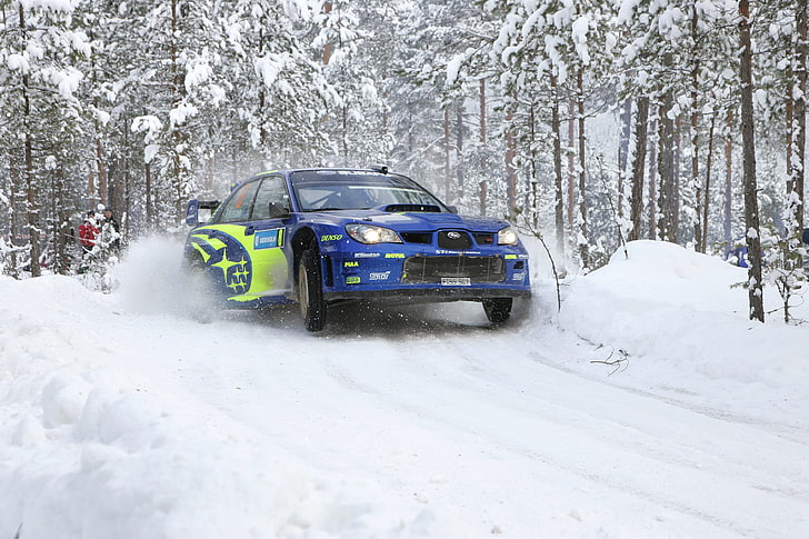 berline bleue, Subaru, voitures de rallye, neige, forêt, wrc, Subaru Impreza WRX STi, véhicule, Fond d'écran HD