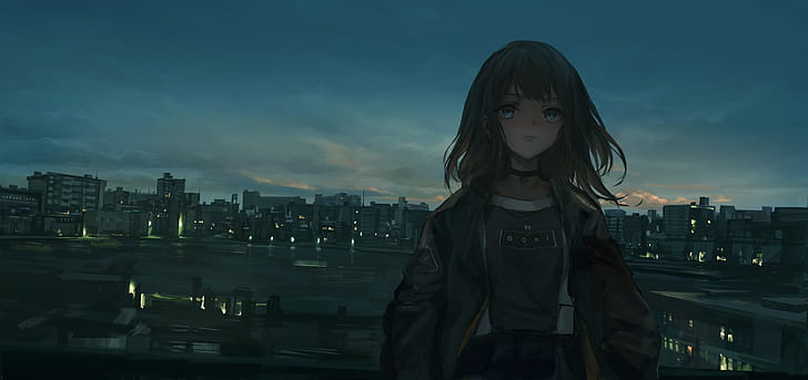 paisagem urbana, personagens originais, anime girls, THE-LM7, HD papel de parede