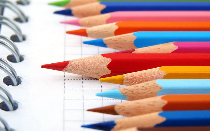 lot de crayons de couleurs assorties, crayons de couleur, cahier, ensemble de, Fond d'écran HD