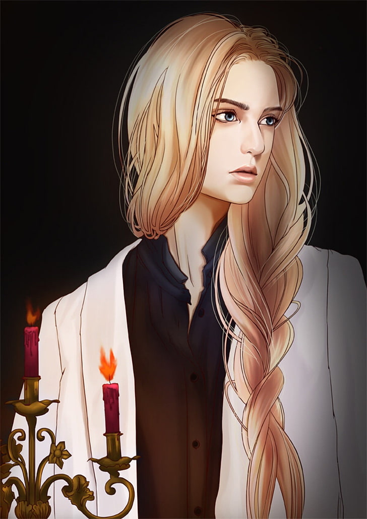 female anime character in white suit jacket, blonde, braids, blue eyes, candles, long hair, HD wallpaper