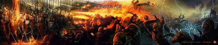 Ilustración de Dragon Age, Dragon Age: Origins, Dragon Age, triple pantalla, videojuegos, Fondo de pantalla HD