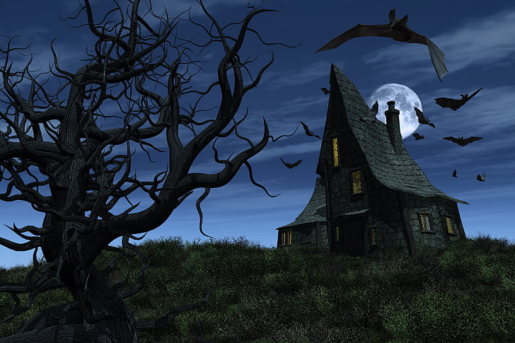 maison grise près de l'arbre nu la nuit papier peint numérique, Halloween, effrayant, chauves-souris, pleine lune, maison hantée, arbre fantasmagorique, arbre effrayant, Fond d'écran HD