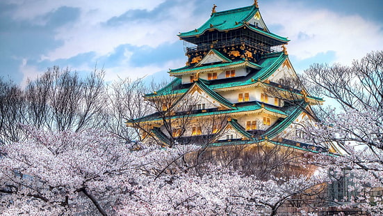 Красив японски храм, храм, пагода, череша, зелени покриви, природа и пейзажи, HD тапет HD wallpaper