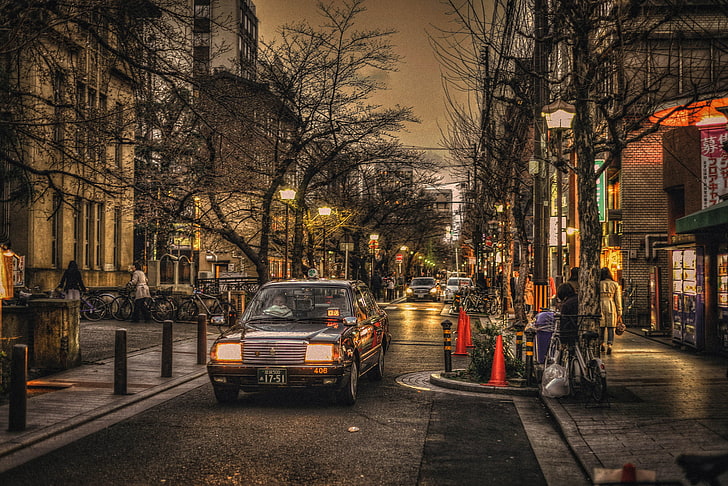 дървета, велосипед, хора, улица, светлини, неон, Япония, Киото, коли, магазини, живот, лампа, ресторанти, HD тапет