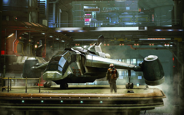 Aplicación del juego FarCry, hombre parado frente a una ilustración de aerodeslizador gris, cyberpunk, CGI, ilustraciones, Stefan Morrell, arte digital, nave espacial, ciencia ficción, Fondo de pantalla HD