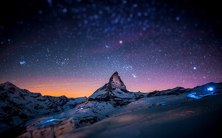 bokeh, landscape, Matterhorn, mountain, night, rock, snow, space, Starry Night, stars, Switzerland, Tilt Shift, winter, Zermatt, HD wallpaper