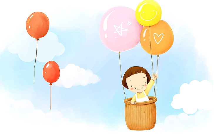 момиче, каране на балон с клип, бебе, балони, летене, небе, облаци, HD тапет