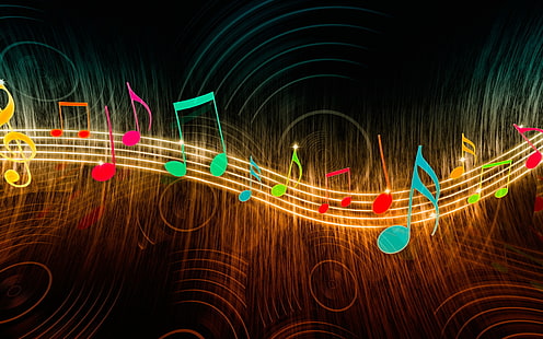 Świecące nuty muzyczne, wielobarwna tapeta z nutami muzycznymi, muzyka, kolorowe, notatki, Tapety HD HD wallpaper