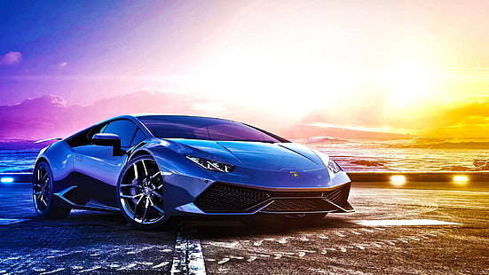 синьо Lamborghini Huracan купе, Lamborghini, спортен автомобил, Lamborghini Huracan LP 610-4, филтър, море, HD тапет HD wallpaper