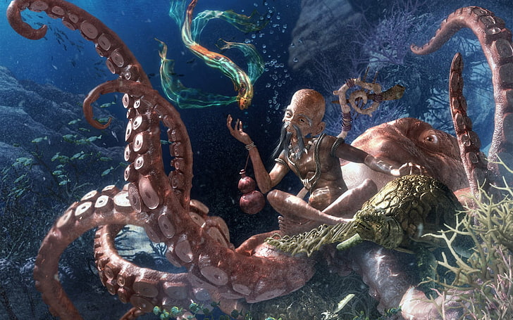 Mann sitzt neben Octopus Digital Wallpaper, Fantasy, Sea Monster, HD-Hintergrundbild