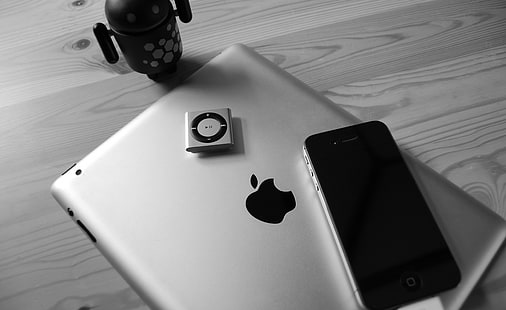 черный iPhone 4, космический серый iPad 3 и серый iPod shuffle, ipad, apple, iphone, ipod, android, HD обои HD wallpaper