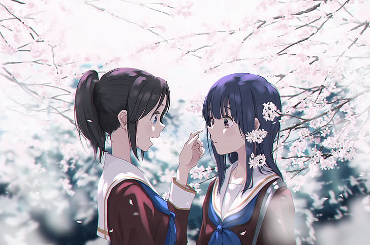 anime, anime girls, Liz ad Aoi Tori, Yoroizuka Mizore (Hibike! Euphonium), Kasaki Nozomi, Sakura blossom, uniforme scolastica, Sfondo HD