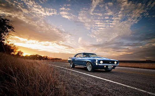 1969, Auto, Camaro, samochody, Chevrolet, chevy, klasyczny, chmury, światła, stary, drogi, niebo, Ss, wschód słońca, zachód słońca, tetro, pojazdy, Koła, Tapety HD HD wallpaper