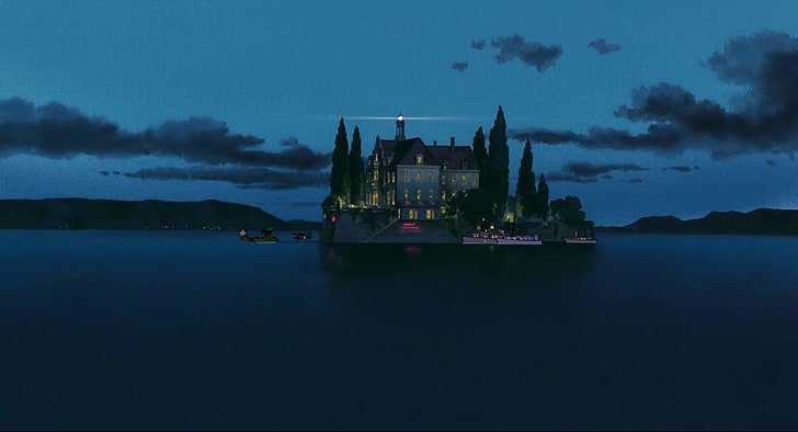 white and red house, anime, Studio Ghibli, landscape, house, water, castle, mansions, sea, boat, island, Porco Rosso, HD wallpaper