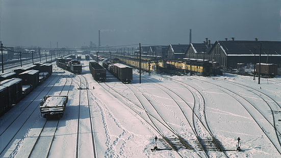 поезд, вокзал, грузовой поезд, рельс, железная дорога, железнодорожный двор, HD обои HD wallpaper