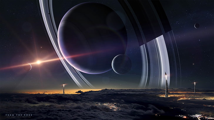 gray planet, space, planet, spacescapes, planetary rings, Moon, space art, digital art, HD wallpaper