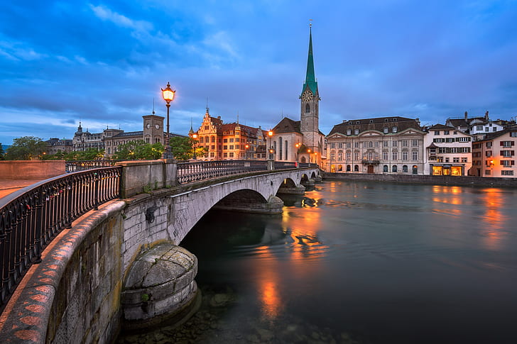 bridge, river, home, Switzerland, lantern, spire, Zurich, HD wallpaper