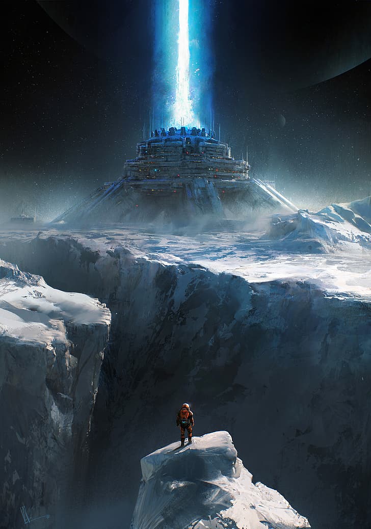 artwork, ice, cold, landscape, snow, futuristic, cliff, standing, alone, building, science fiction, rocks, Amir Zand, HD wallpaper