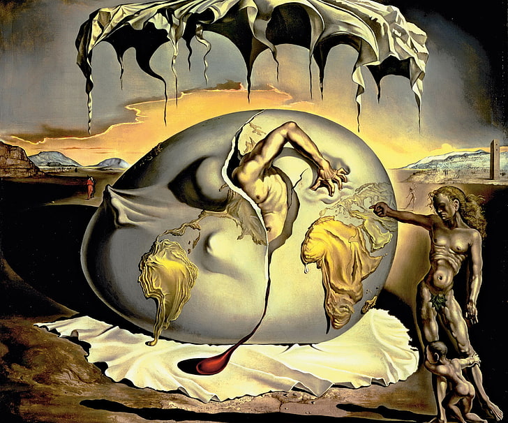umano dentro uovo dipinto, surrealismo, immagine, Salvador Dalì, bambino geopolitico guardando la nascita di un uomo nuovo, Sfondo HD
