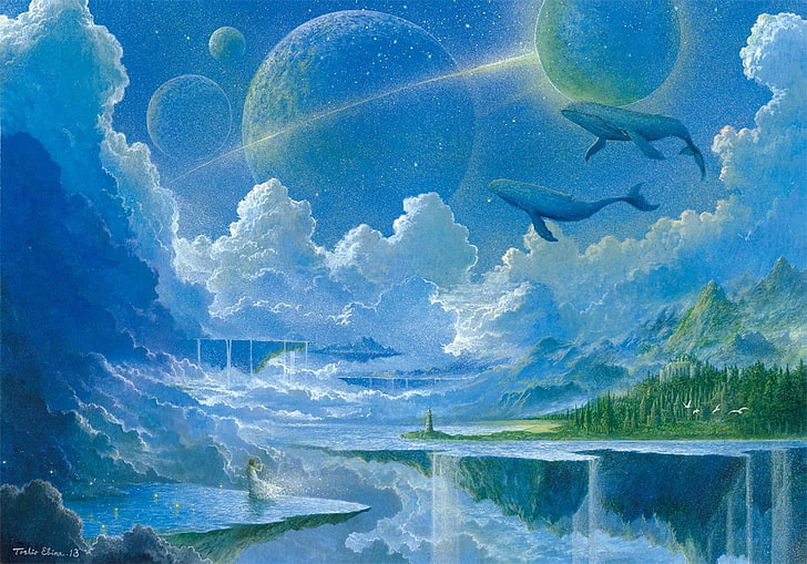 art fantastique, île flottante, cascade, baleine, planète, nuages, Fond d'écran HD