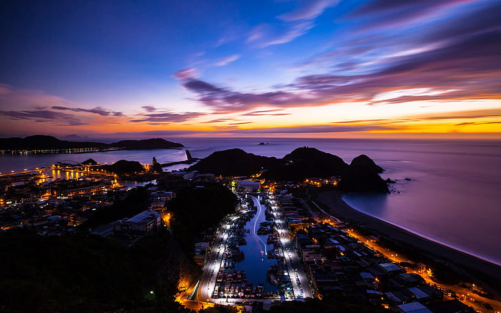 China, Taiwan, island, ocean, sunset, city night, silhouette of island, China, Taiwan, Island, Ocean, Sunset, City, Night, HD wallpaper