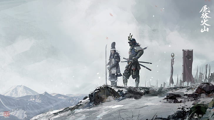 winter, snow, Asia, Japan, warriors, samurai, warlords, David Benzal, asia legends, HD wallpaper