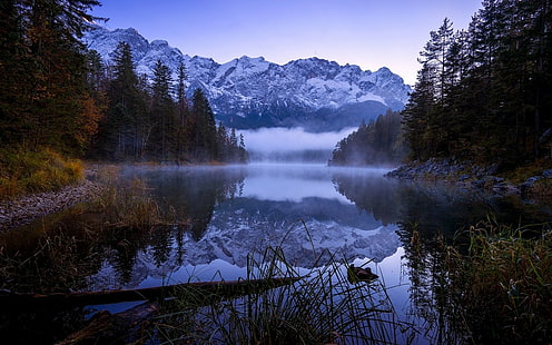 naturaleza paisaje bosque otoño mañana lago amanecer reflexión montaña nevado pico árboles arbustos alemania, Fondo de pantalla HD HD wallpaper