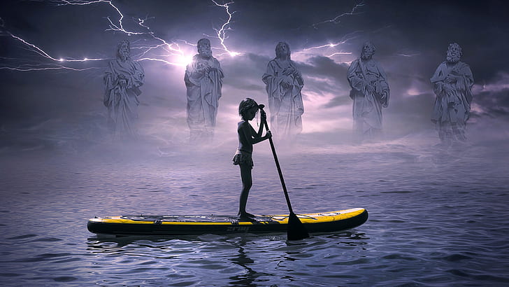 sea, the storm, the sky, water, clouds, old age, fog, river, youth, loneliness, rendering, fiction, zipper, boat, child, the situation, storm, fantasy, art, electricity, girl, the gods, figure, one, pond, little, swimming, sculpture, deity, paddle, ancient, statues, level, the elders, apparel, the lords of lightning, Greek, Roman, girl with a paddle, HD wallpaper