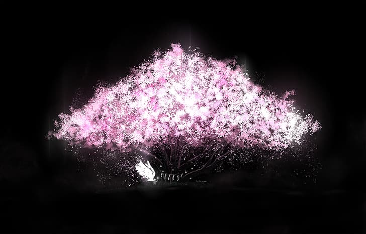 anime, anime girls, Kyrie Meii, simple background, wings, glowing, cherry blossom, pink, trees, HD wallpaper