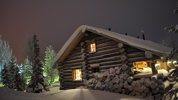 salão de madeira marrom, casa, paisagem, natureza, neve, luz natural, fotografia, cabine, HD papel de parede