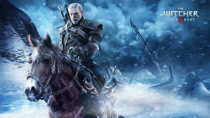 The Witcher Wild Hunt game cover, The Witcher 3: Wild Hunt, videospel, Geralt of Rivia, Roach, HD tapet
