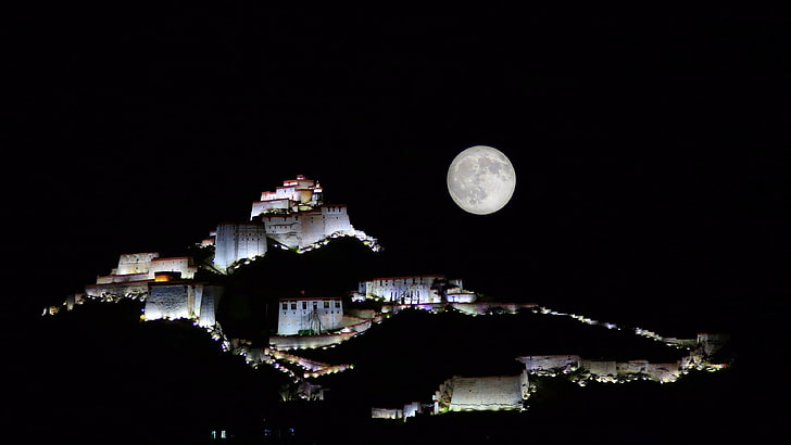 palazzo di potala, buddista, tibetano, buddismo, asia, cina, tibet, lhasa, palazzo, chiaro di luna, luci, cielo notturno, luna, luna piena, chiesa, tempio, religione, Sfondo HD