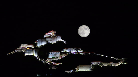 potala palace, buddhist, tibetan, buddhism, asia, china, tibet, lhasa, palace, moonlight, lights, night sky, moon, full moon, church, temple, religion, HD wallpaper HD wallpaper