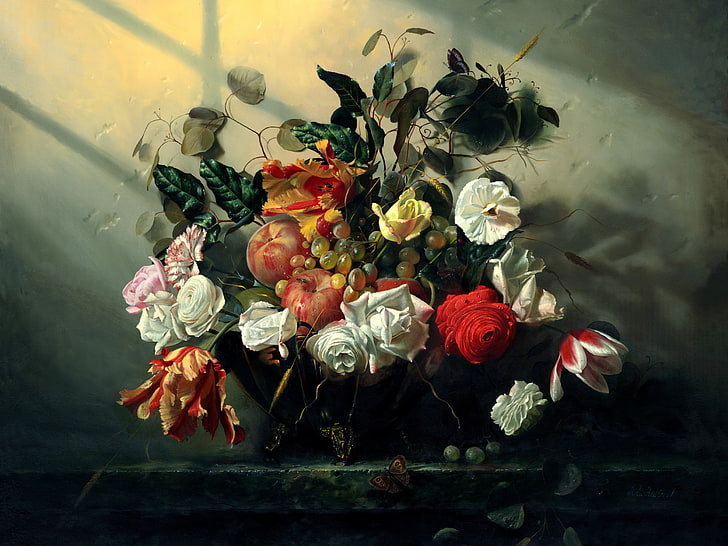 ramo de flores multicolores, flores, mariposas, imagen, fruta, naturaleza muerta, arte, Alexei Antonov, Fondo de pantalla HD