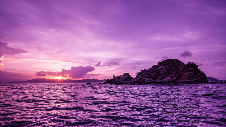 nature, sea, sunset, island, purple, water, HD wallpaper