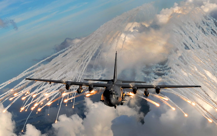 illustration d'avion militaire noir, avion, fusées éclairantes, avion militaire, Fond d'écran HD