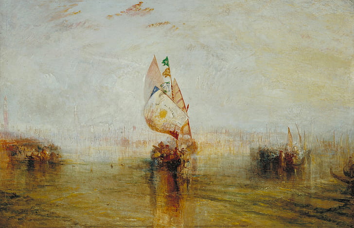 лодка, картина, акварел, платно, морски пейзаж, Уилям Търнър, Венецианското слънце отива в морето, HD тапет