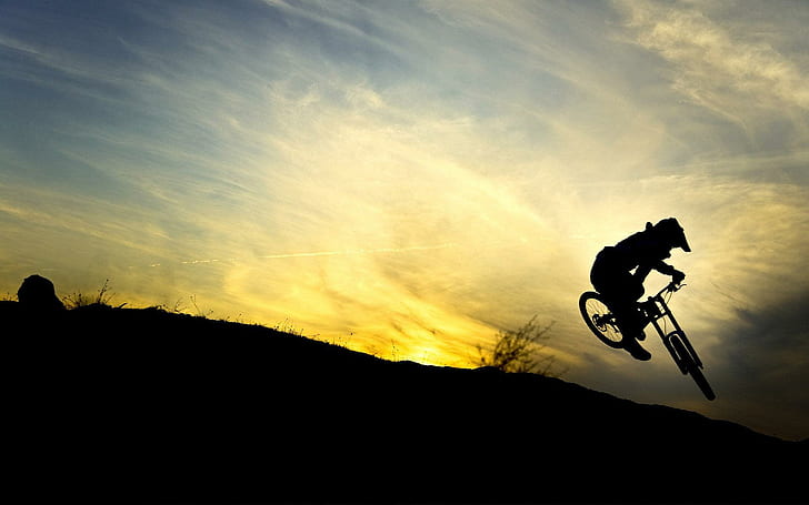 Downhill Biker Silhouette, Downhill Mountainbike, Sport, 1920x1200, Silhouette, Fahrrad, Fahrrad, Mountainbike, bergab, HD-Hintergrundbild