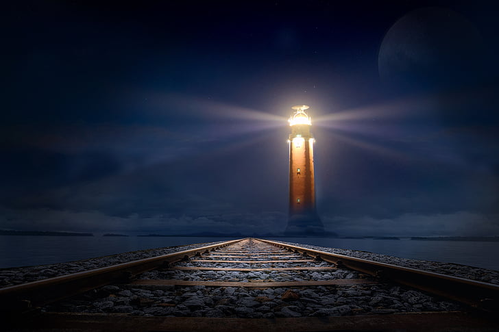 Lighthouse, Railroad, Dark night, HD, HD wallpaper