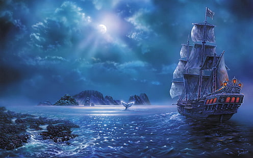 Кораб HD, кораб галеон, преследващ живопис на китове, фантазия, кораб, HD тапет HD wallpaper