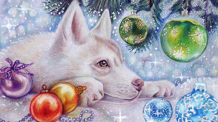 собака, живопись, акварель, искусство, морда, сибирский хаски, порода собак, усы, рождественские украшения, иллюстрация, краска, карнавал, рождество, живая природа, рождество, HD обои