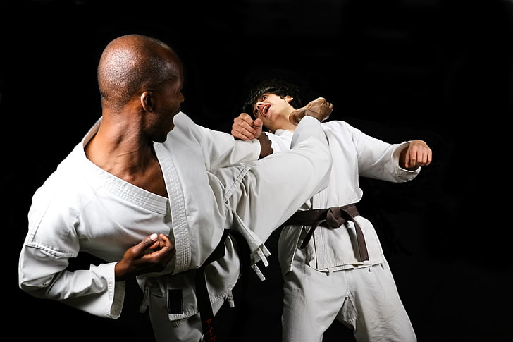 white karate ji, fight, training, kick, karate, HD wallpaper