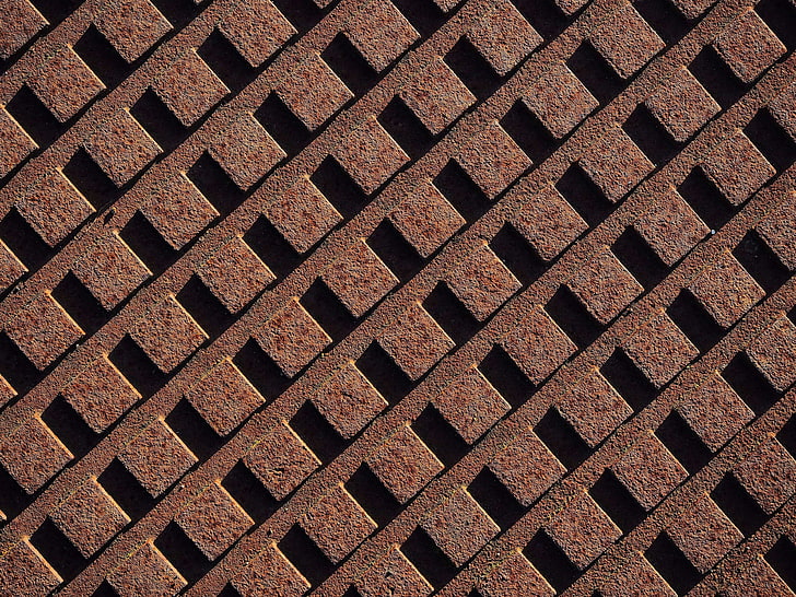 angle, array, block, brown, corrosion, decay, diagonal, grid, grip, intersect, intersection, line, metal, neglect, orthogonal, pattern, rectangle, regular, repeat, right, rough, rust, rusty, shadow, texture, HD wallpaper